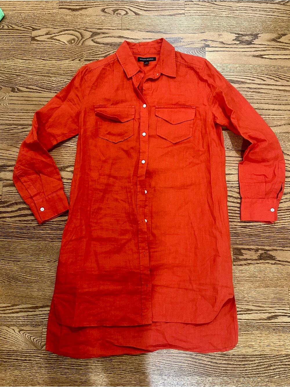 Banana Republic Red Orange Linen Long Button-Up Shirt Dress